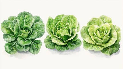 Obraz premium Explore the intricate details of watercolor romaine lettuce heads with vibrant colors
