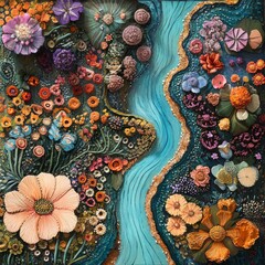 A painting of a river with flowers on either side. The flowers are in various colors and sizes