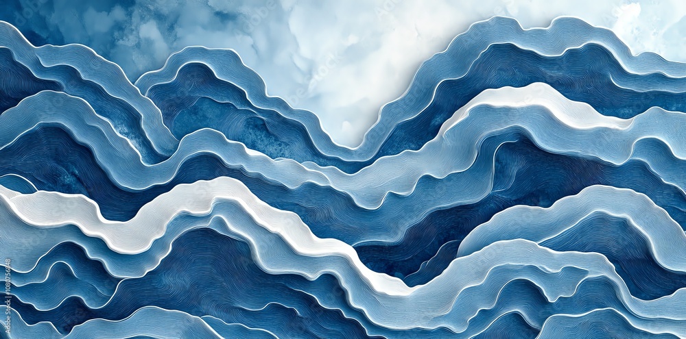 Poster abstract blue and white layered wave pattern design.