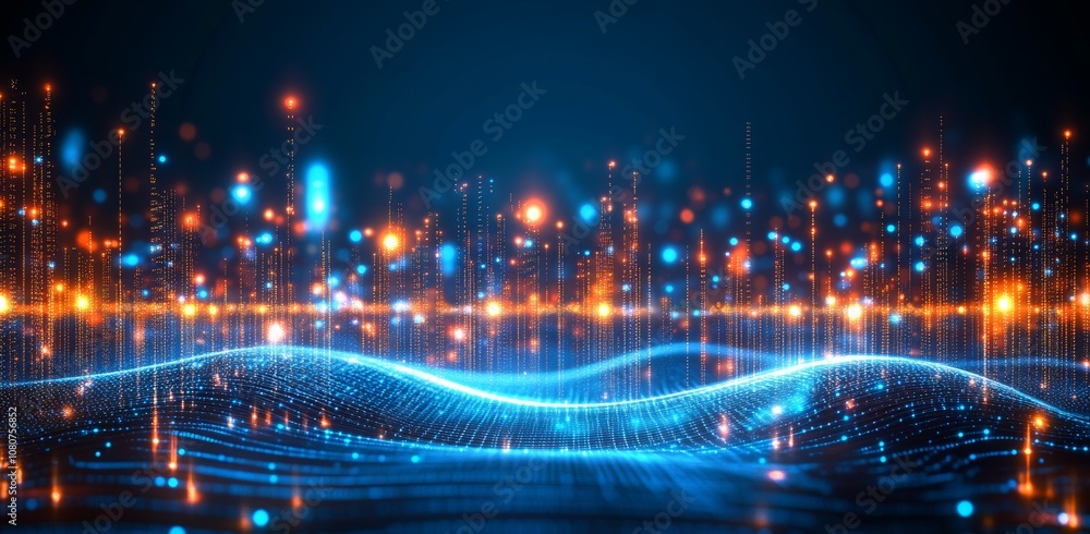 Poster flowing blue stripes flowing through wave dots connecting wireframes. concepts of digital innovation