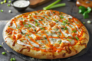 Tasty buffalo chicken pizza with crispy crust and creamy ranch dressing for bold flavor