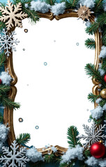 Festive Christmas frame with pine branches, golden ornaments, snowflakes, and warm lights. Perfect for holiday-themed designs or greeting cards, on a transparent background.

