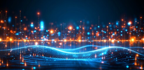 Fototapeta premium Flowing blue stripes flowing through wave dots connecting wireframes. Concepts of digital innovation and technology.