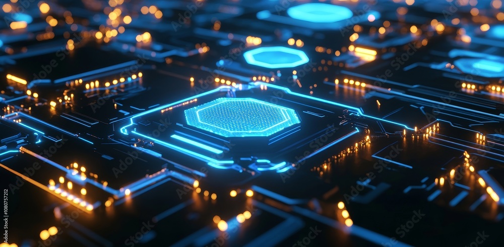Poster digital hi-tech illustration with a glowing horizontal line pattern and a 3-d circuit pattern. this 