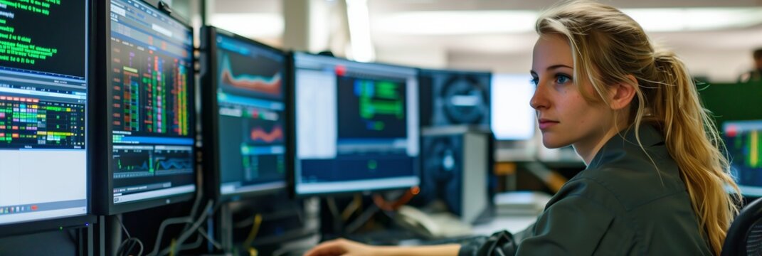 A woman works as an operator specialist in a computer data center in front of many monitors with charts and data