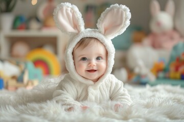 Adorable baby dressed as a white rabbit for a cosplay photoshoot, complete with fluffy ears and a soft costume