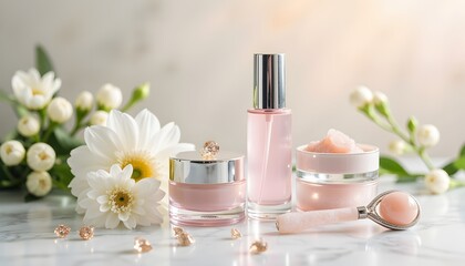 Elegance in Bloom: An inviting arrangement of skincare products is presented amidst fresh flowers and subtle details, creating a feeling of delicate self-care and gentle beauty