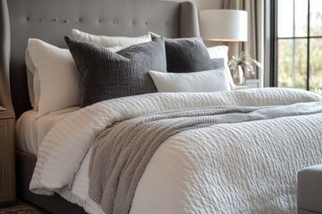 White Bed with Grey Pillows and Throw Blanket