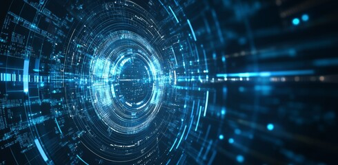 A futuristic digital grid line with a HUD interface and digital circuit line patterns. Conceptual illustrations of future technology.