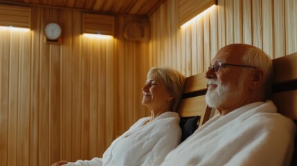 A serene senior couple relaxes together in a cozy wooden sauna, enjoying a peaceful moment of warmth and tranquility.