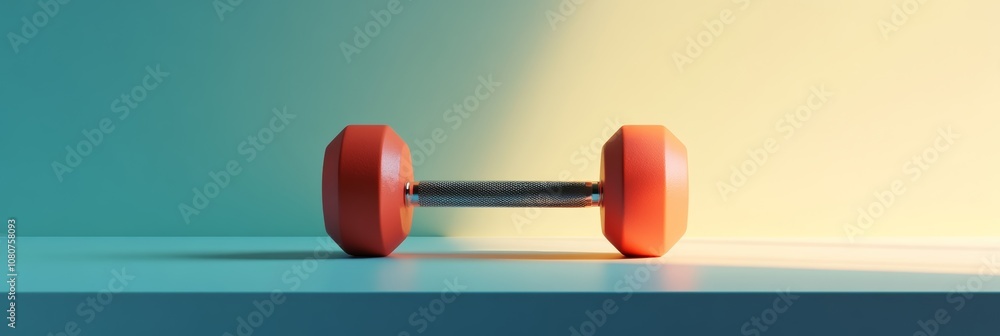Aufkleber Single orange dumbbell sits on a light teal surface, illuminated by a gradient light source transitioning from teal to yellow, creating a vibrant backdrop for fitness and exercise concepts