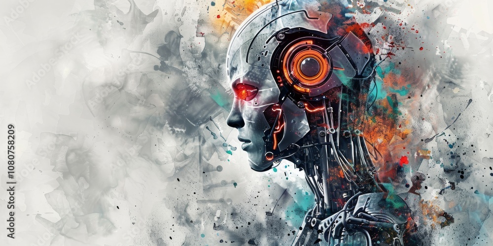 Poster a detailed illustration of a futuristic robot with a colorful abstract background, highlighting adva