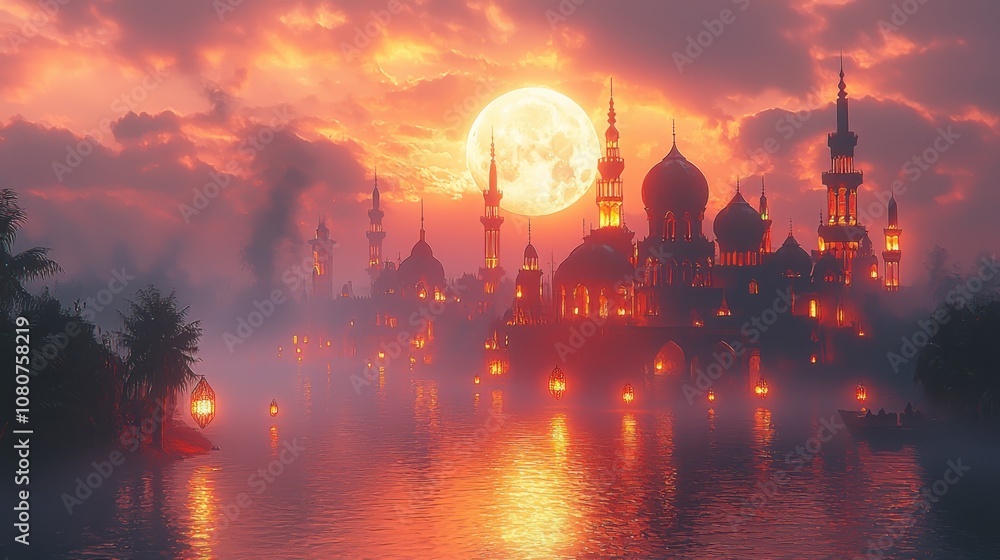 Poster create a dreamlike atmosphere with moroccan lanterns and hazy fog under a luminous moon