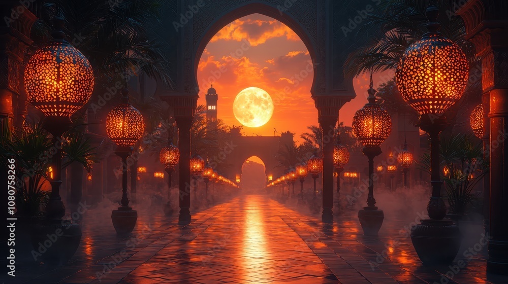 Poster create a magical atmosphere with moroccan lanterns illuminating a hazy foggy landscape
