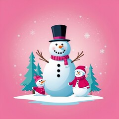 Fototapeta premium Christmas banner with a pink background and a Snowman 