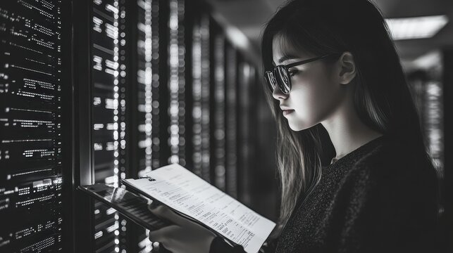 Young woman with sunglasses standing near server racks, examining data on clipboard, in a modern data center, showcasing technology and professional atmosphere