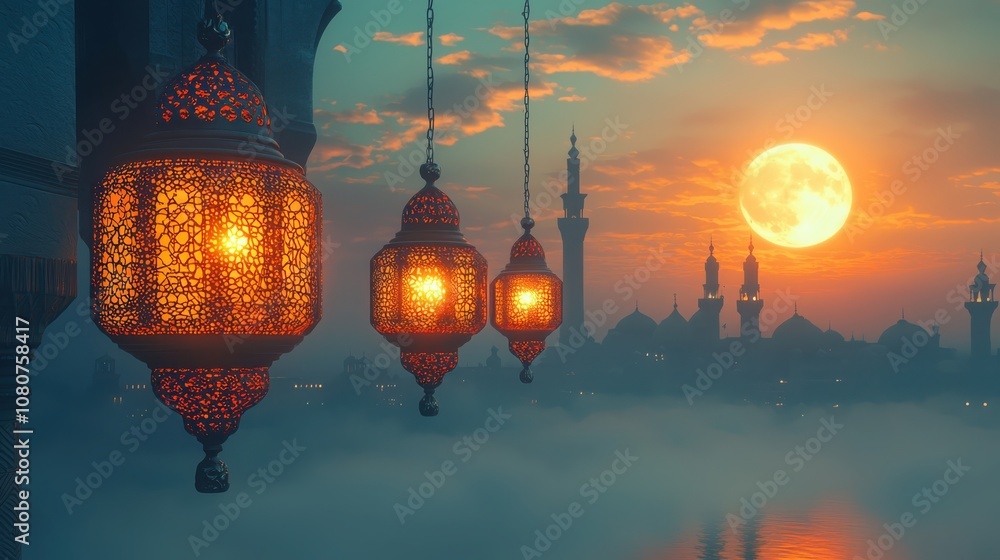 Poster experience the enchantment of an ethereal scene with moroccan lanterns and hazy fog under the moonli