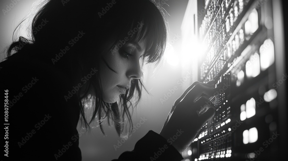 Poster introspective woman engaged with complex digital interface in soft light, exploring technology and i