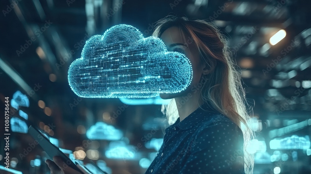 Aufkleber woman with digital cloud visualization overhead in a modern workspace reflecting technology and conn