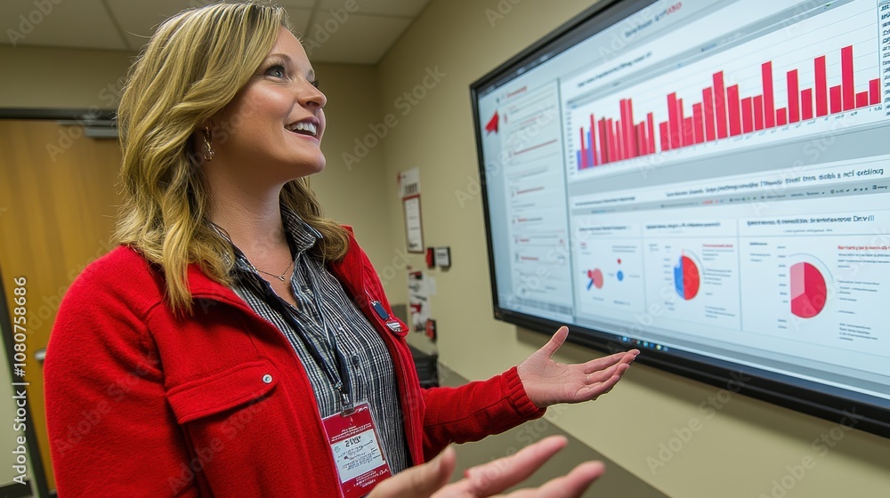 Aufkleber professional woman presenting data insights in modern office environment with interactive display, e