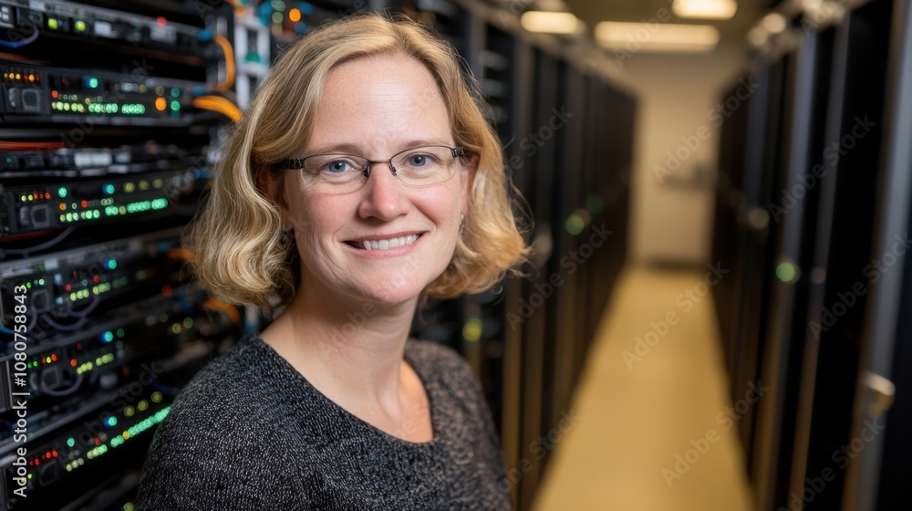 Poster smiling woman in a data center surrounded by computer servers showcasing technology and innovation i