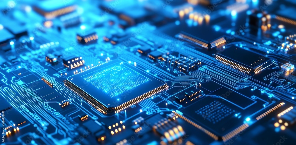 Poster a digital futuristic space with a grid line and circuit network of high-tech elements.