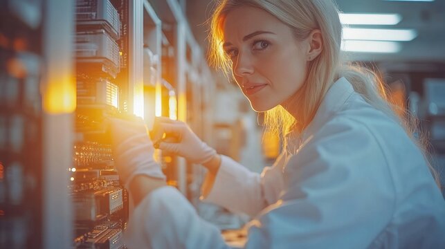 Female Technologist Working in Data Center, Adjusting Equipment and Analyzing Connections in High-Tech Environment with Glowing Servers and Soft Lighting - Powered by Adobe