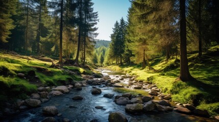 Fototapeta premium Pristine mountain stream flows through a sun-drenched alpine forest.