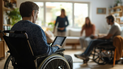 A person with ALS engages in a conversation using a communication device while sitting in a wheelchair in a cozy living room