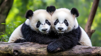 Naklejka premium Two Adorable Panda Cubs Resting on a Branch