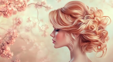 Naklejka premium A profile of a woman with elegant, styled hair against a dreamy floral background, evoking beauty and tranquility.