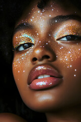 young black woman with glitter on her face, stars on her skin, and a focus on her lips and eyes