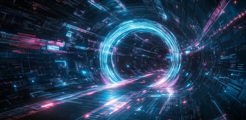 Obraz premium In advertising or video games, this abstract blue and purple perspective horizon layout screen is used. It's a futuristic design.