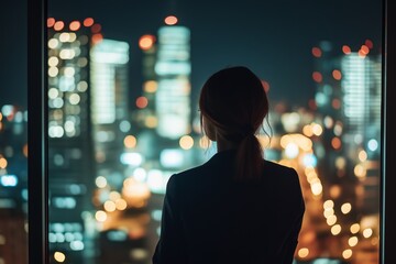 Contemplating the bustling cityscape at night, a business professional reflects on their career. The vibrant lights illuminate not just the skyline but also their ambitions and future goals