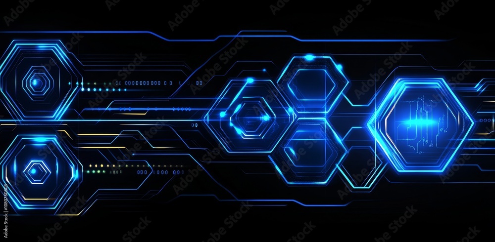 Poster horizontal layout displays using an optic hexagon network and grid line circuit decor. future digita