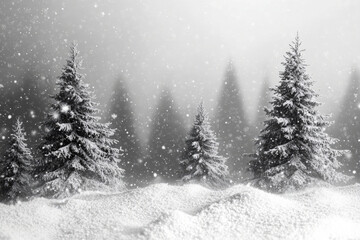 Obraz premium Gentle snowfall on a blurred background of a snowy pine forest, creating a peaceful and serene winter scene