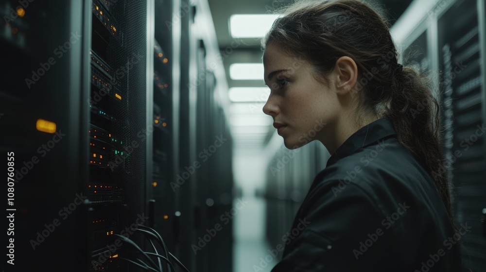 Aufkleber focused female engineer working in a server room, analyzing network connections and data flow, with 