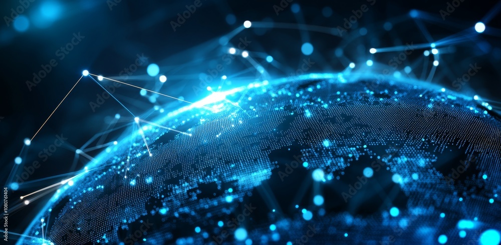 Poster the water steaming dots in this illustration pass over a futuristic globe. the data steaming dots ne
