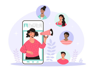 Woman in social media. Young girl with loudspeaker on smartphone screen. Advertising and marketing. Internet promotion and referral link. Flat vector illustration isolated on white background