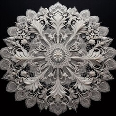 A white handmade lace doily set against a black background. AI generated.