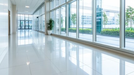 Fototapeta premium A sleek corridor with large glass windows lets in ample natural light, embodying modern architectural elegance and openness.