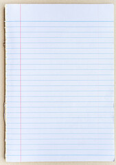 Blank white lined notebook page on a brown paper background.