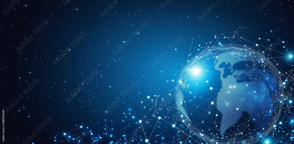 Aufkleber there is a hologram blue globe surrounded by a futuristic neon ring with a futuristic digital elemen