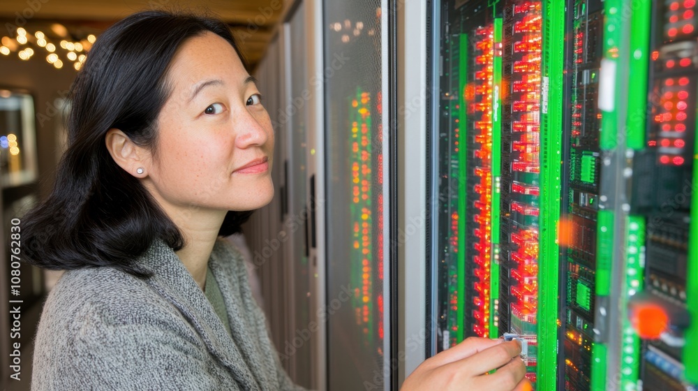 Poster professional woman working with server technology in data center, engaged in network management and 