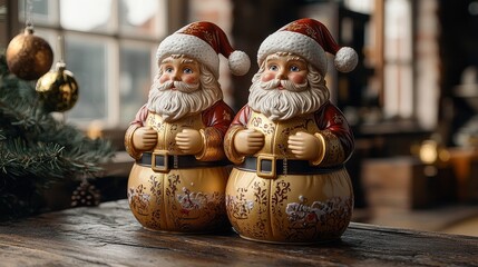 Fototapeta premium Festive traditional santa claus figurines in cozy holiday setting