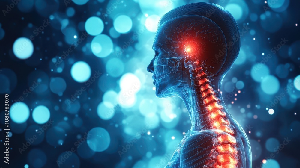 Poster a digital representation of a human figure with glowing neural connections, showcasing the spine and