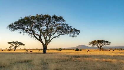 Obraz premium Vast Open Savannah Stretching to the Horizon, With Towering Acacia Trees Dotted Across the Landscape, Beneath a Clear Blue Sky and Gently Grazing Herds in the Distance