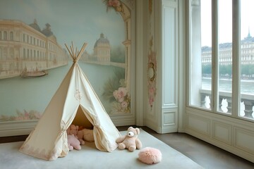 Children's nursery playroom in French apartment in Paris, wig wam, mural wallpaper and soft toys. 