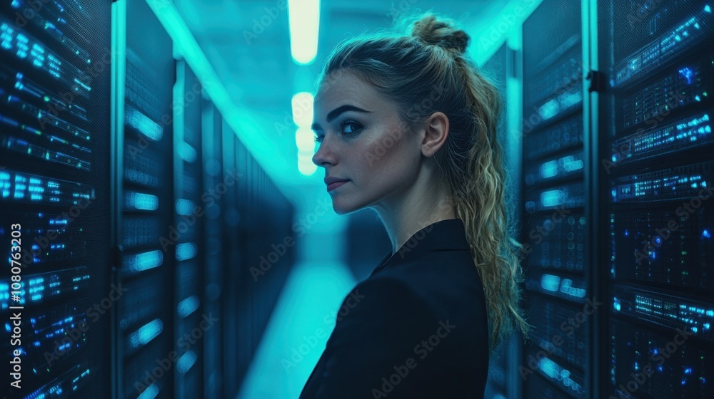 Poster confident businesswoman in data center surrounded by servers and technology creating a modern digita