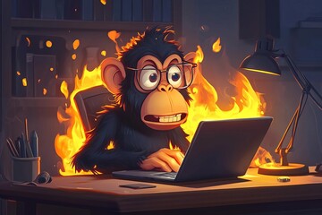 A surprised monkey working on a laptop, humorously depicted in a chaotic setting.
